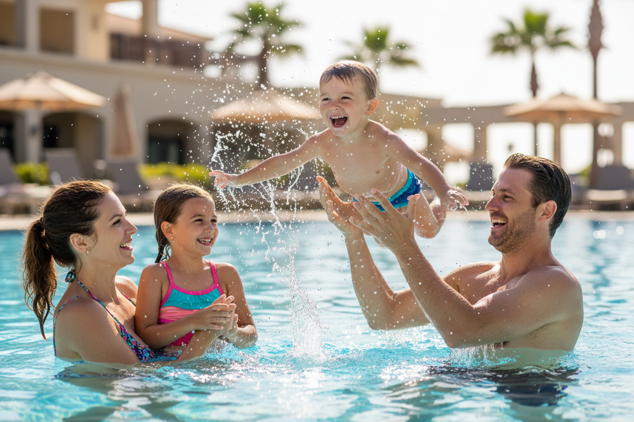 Happy family smiling in a swimming pool.  The father is throwing a laughing child into the air with the mother and daughter smiling and looking and the father